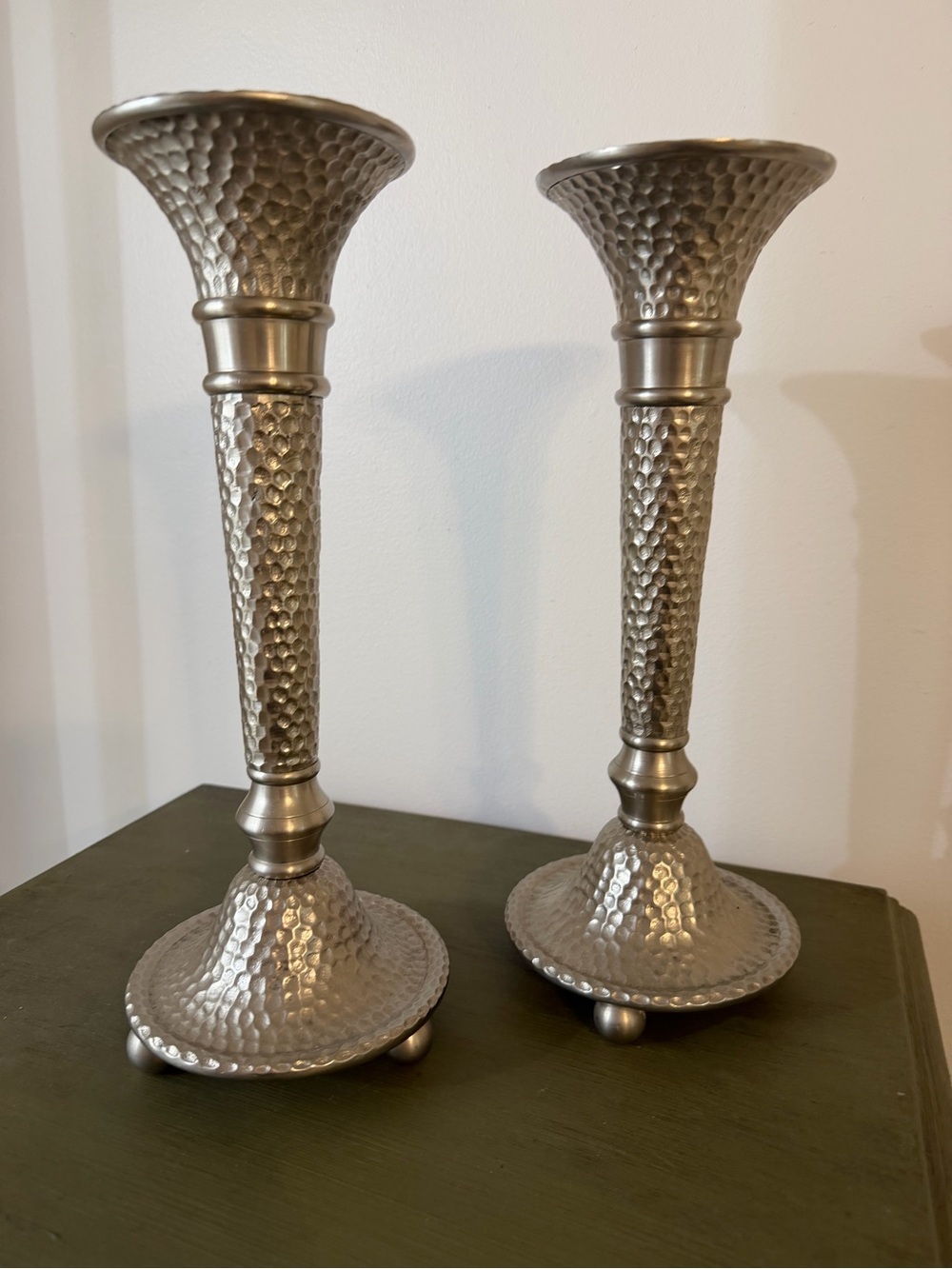 Hammered Metal Silver Candlestick Pair - SLAH